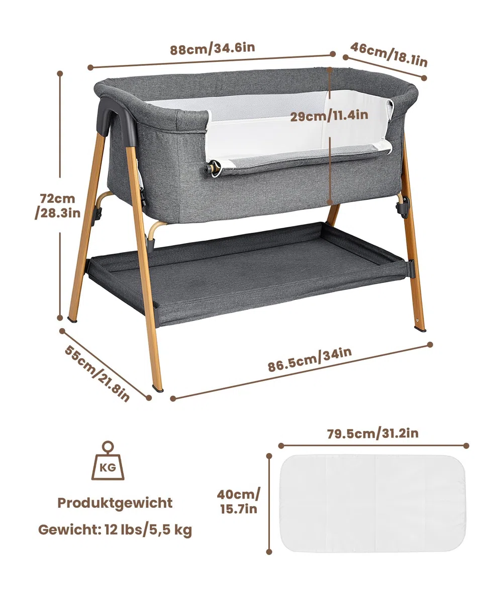 UBRAVOO Beistellbett Baby 2-in-1, Babybett & Baby Wiege für Neugeborene – mit Aufbewahrungskorb & Weicher Matratze (Grau)