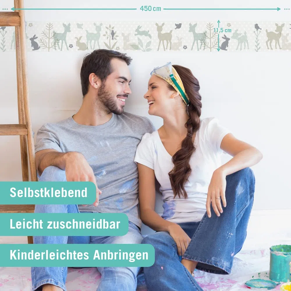 Bordüre selbstklebend HÄSCHEN & REHE MINT/GRAU/BEIGE - Wandbordüre Kinderzimmer / Babyzimmer mit Hase und Reh - Wandtattoo Schlafzimmer Mädchen & Junge, Wanddeko Baby / Kinder