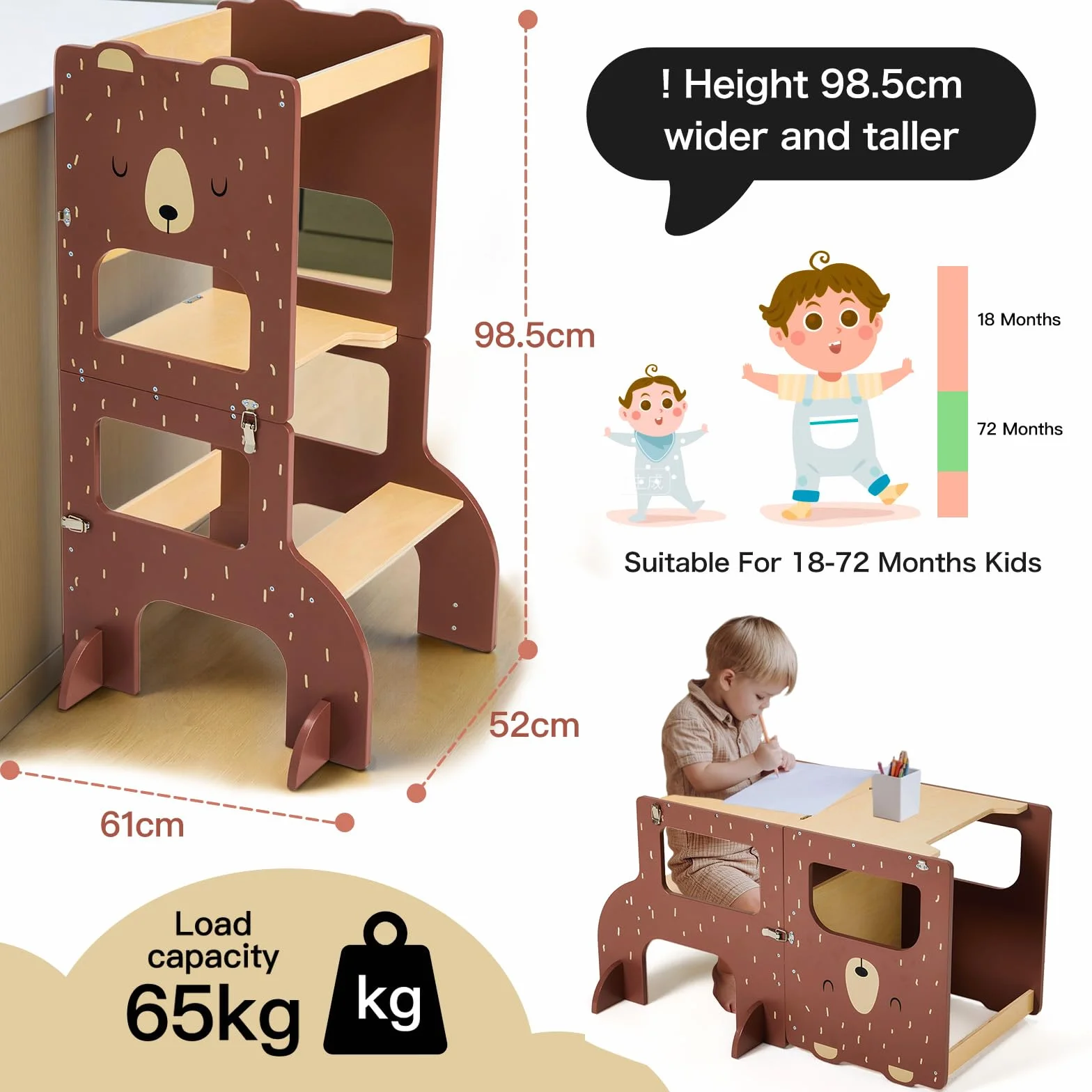 labebe lernturm ab 1 Jahr, Großformat Montessori Lernturm klappbar, 3 in 1 Multifunktion Learning Tower mit Zeichnung Kreidetafel-brauner Bär