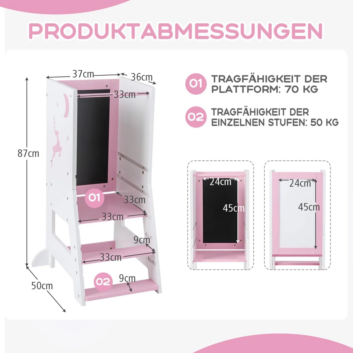 GOPLUS Lernturm Kinder, Mehrzweck-Tritthocker aus Holz mit 3 verstellbare Höhen, Lernstuhl Baby mit Whiteboard, Tafel, 3 Stiften, für Kinder ab 1 Jahren, 37 x 50 x 87 cm (Rosa)