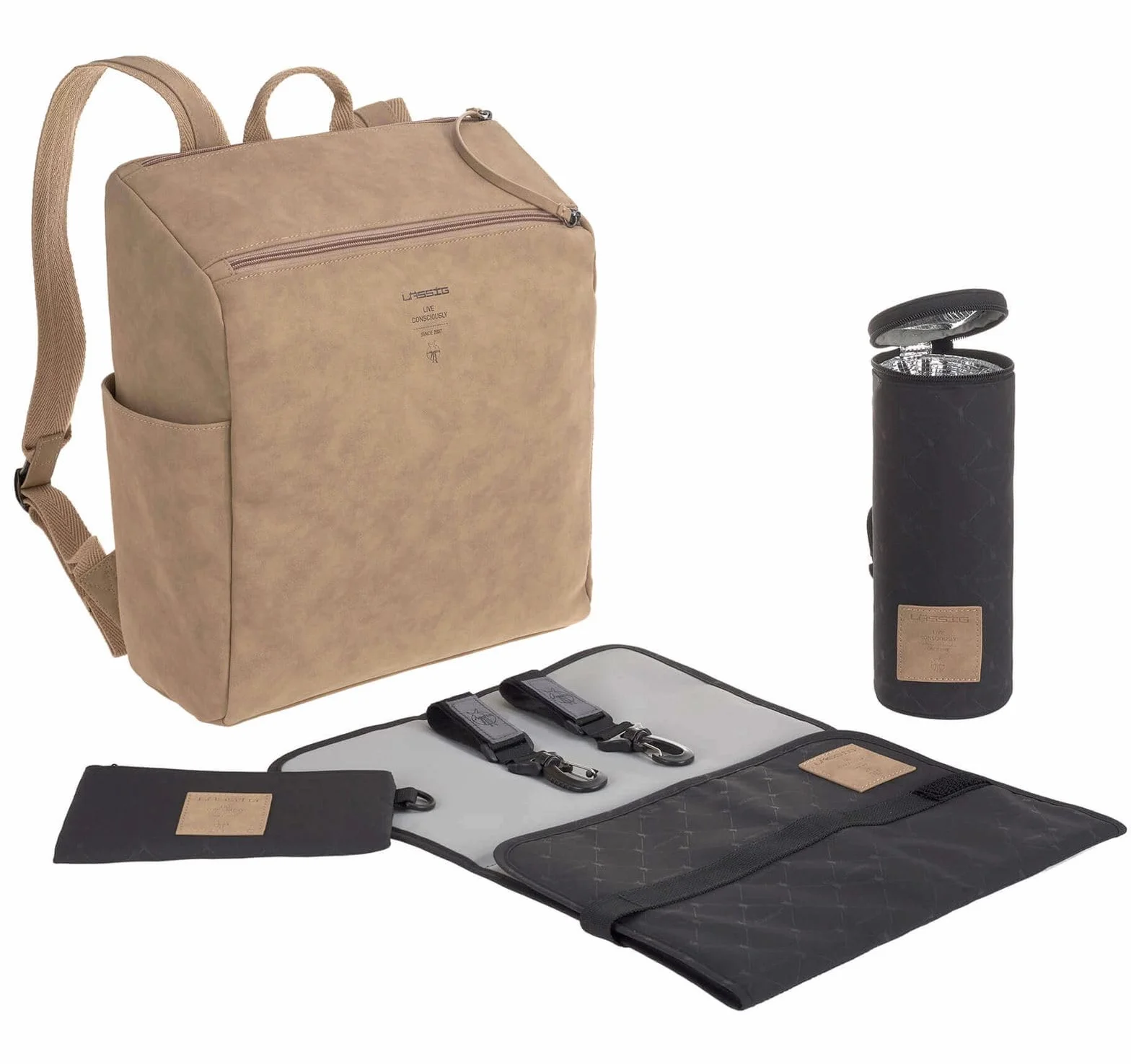 LÄSSIG Baby Wickelrucksack Wickeltasche veganes Leder Tender Backpack camel 1 Stück