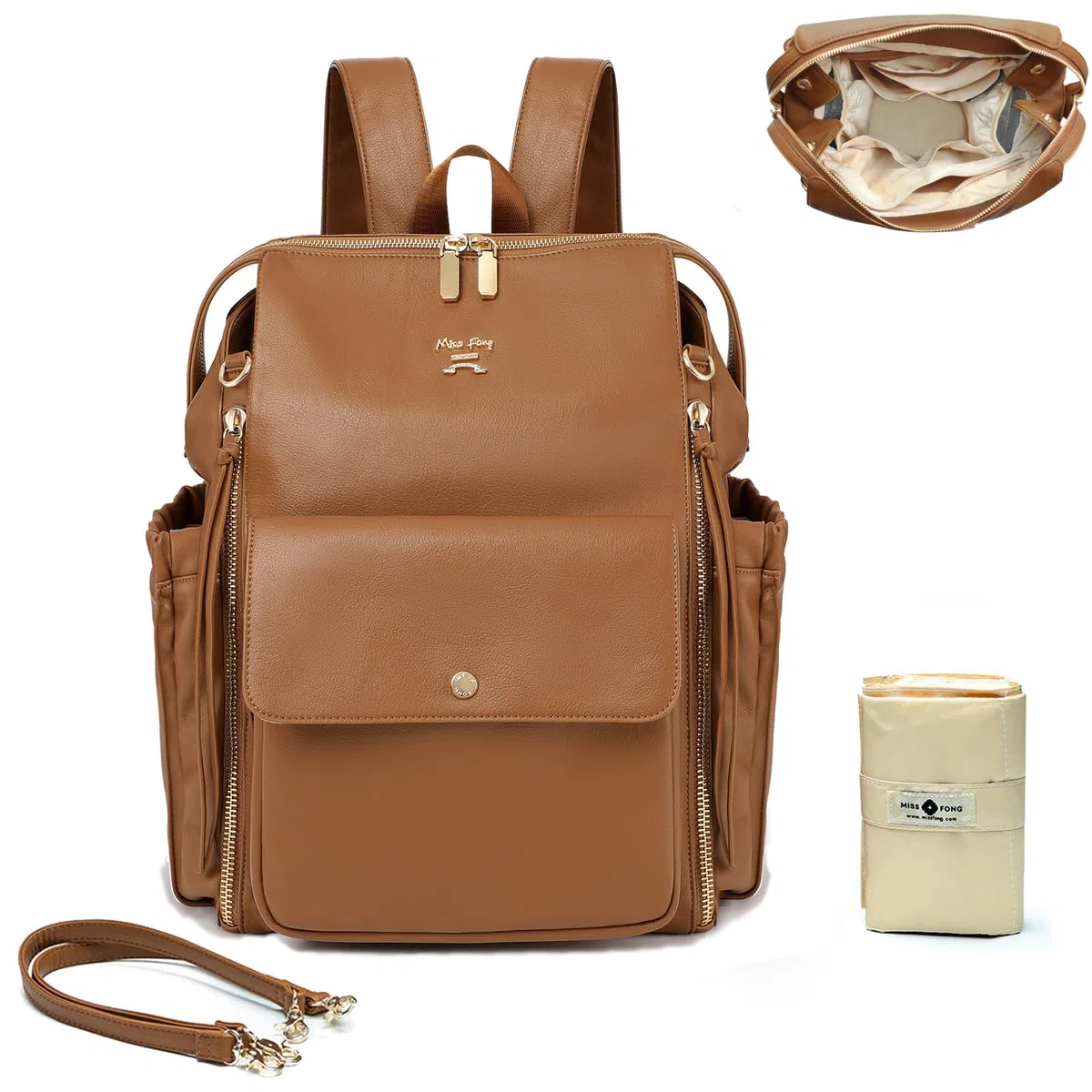 MISS FONG Wickelrucksack Wickeltasche Babytaschen Rucksack Groß Leder Baby Rucksack Kinderwagen Mom Mummy Bag Windeltasch Mit Wickelunterlage Unterwegs Schwarz Lässig Braun