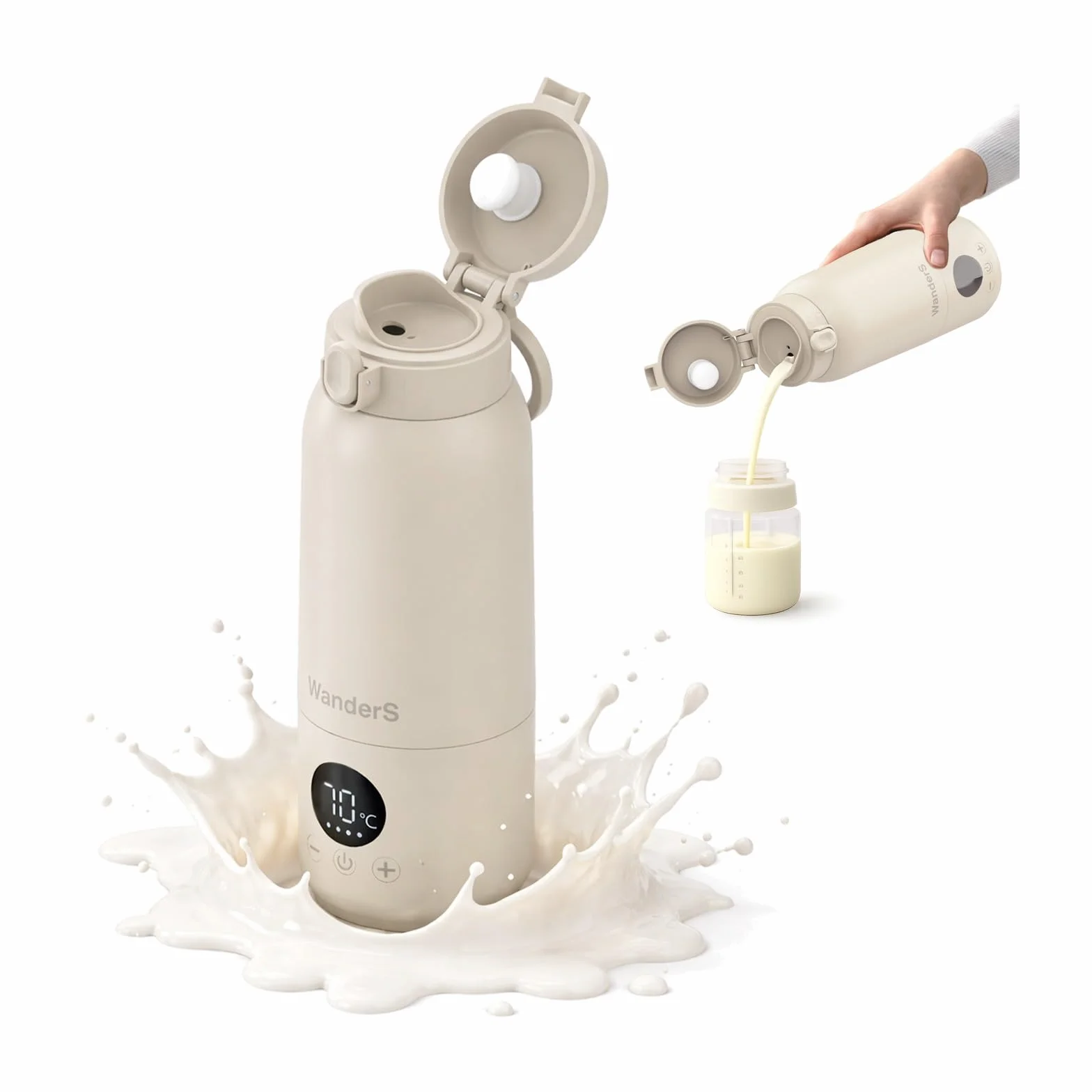 Tragbarer Flaschenwärmer Baby von WanderS – 500ML Milchwärmer mit Präziser Temperaturkontrolle, Integrierter Sterilisator, 316L Edelstahl, USB-C Schnellladung, IPX6 Wasserdicht & Sicherheitsverschluss