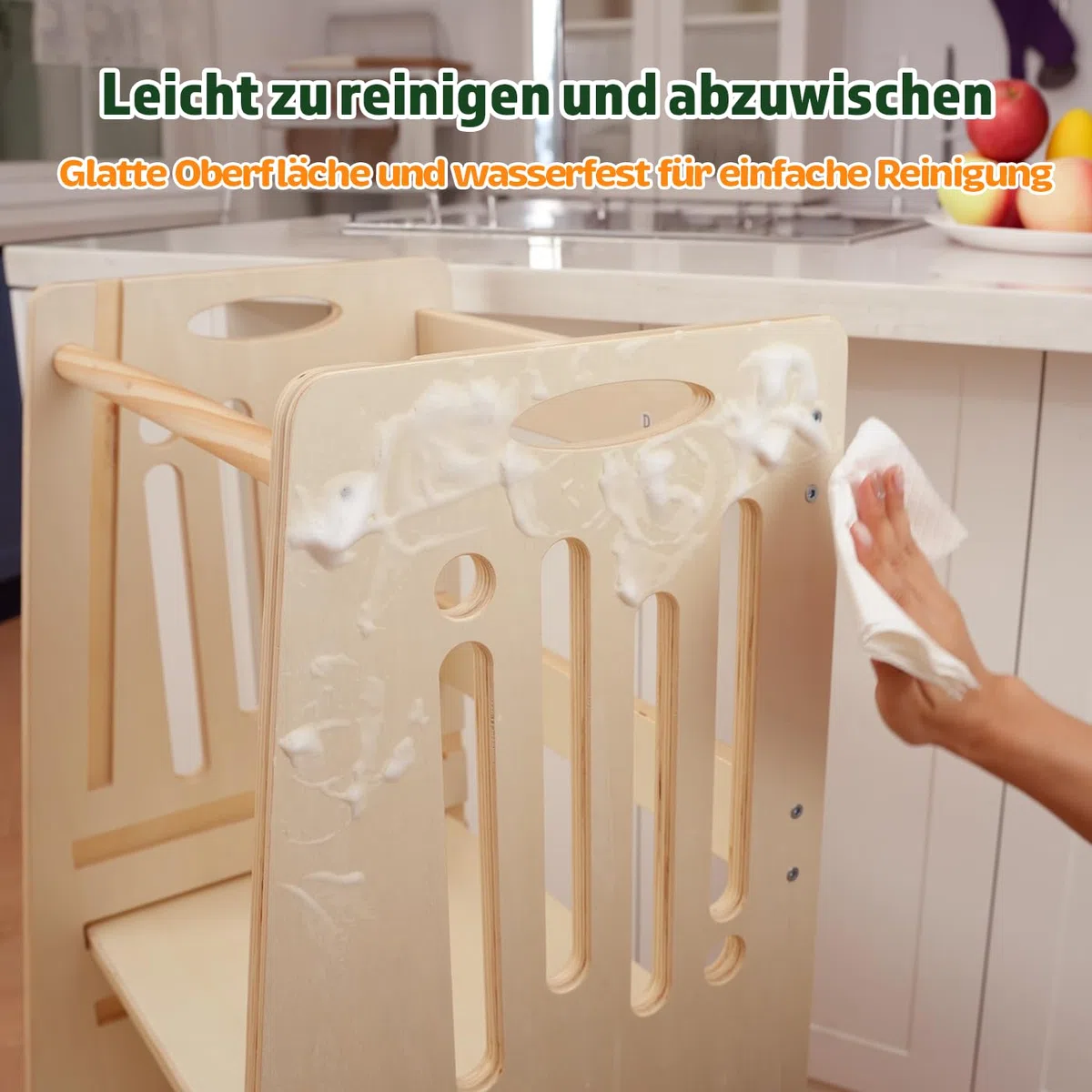 Kleinkind Tritthocker Kinderhocker, Höhenverstellbar (Naturfarbe) | Sicher & Stabiler Toddler Tower & Lernhocker ab 1 Jahr | Mit Sicherheitsbarriere, Kippschutz & Höhenverstellbar