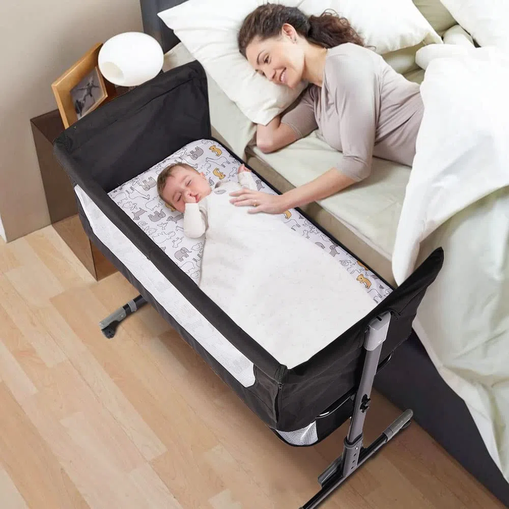 Codododo-Kinderbett mit Matratze und Moskitonetz, 2-in-1, Beistellbett für Babys von 0 bis 36 Monaten, faltbar, 2-in-1, Babywiege, Mobile Beistellbett (92 x 58 x 70-87 cm, schwarz)