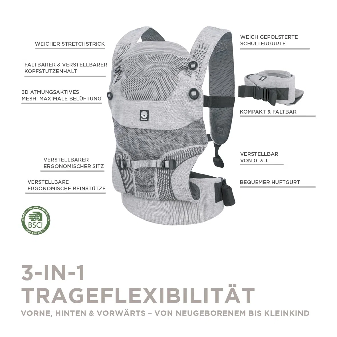 Dooky Carrier Terra Nova, Babytrage Neugeborene ab Geburt, Ergonomische Babytrage 0-3 Jahre, 3.5-15 KG, M-Position, 3 Tragepositionen: Bauchtrage und Rückentrage, Baby Carrier, Atmungsaktiv, Grey