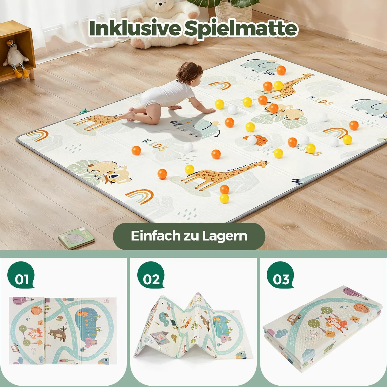 Großes Laufstall Baby Mit Matratze - Sicherer XXL Laufgitter Baby Mit Atmungsaktivem Netz, 60 Bällen, Basketballkorb, 4 Zugringen Und Einer Faltbaren Matte (Grün Krokodil, 150 x 180 x 66 cm)