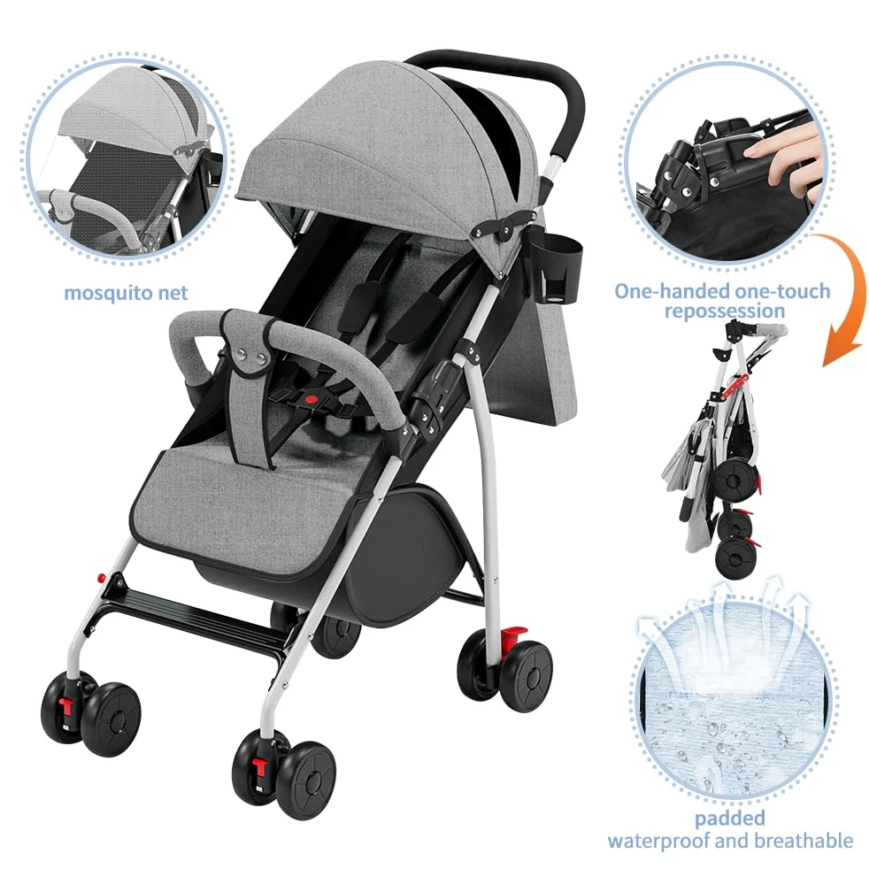 OHMG Buggy Kinderwagen ab 6 Monate bis 4 Jahre,stroller,Baby Sportwagen,Leichtes Kinderwagen-Buggy,PU-Räder,5-Punkt-Gurt,Faltbar,Moskitonetz,Getränkehalter,bis 22 kg (C-Grau)