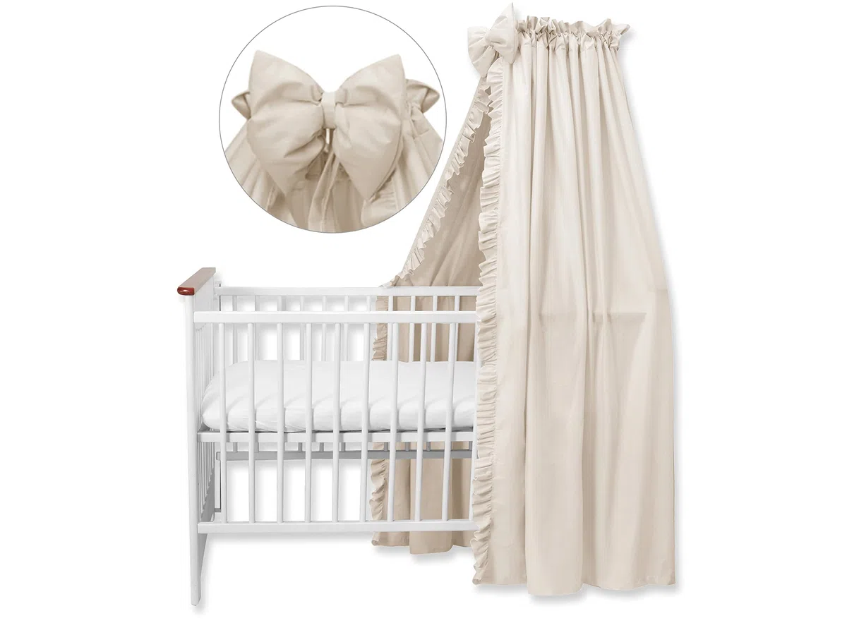 balbina Baldachin 100% Baumwolle, Deko-Set für Kinderbett, Betthimmel mit Rüsche & Schleife, Moskitonetz für Babyzimmer, Undurchsichtiger Bettvorhang ohne Himmelstange, 240 x 165 cm, Hellbeige