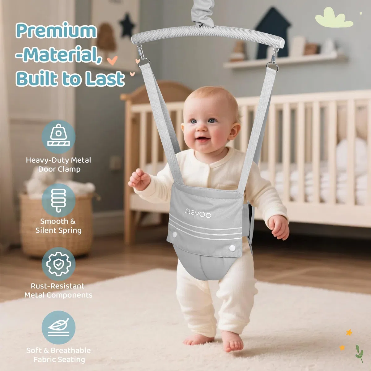 Slevoo Baby Jumper, BabyTürhopser für Babys von 6–24 Monaten, Baby-Türwippe mit einfach zu verwendender Klemme und verstellbarem Gurt, Tragfähigkeit 18 kg(Grau)