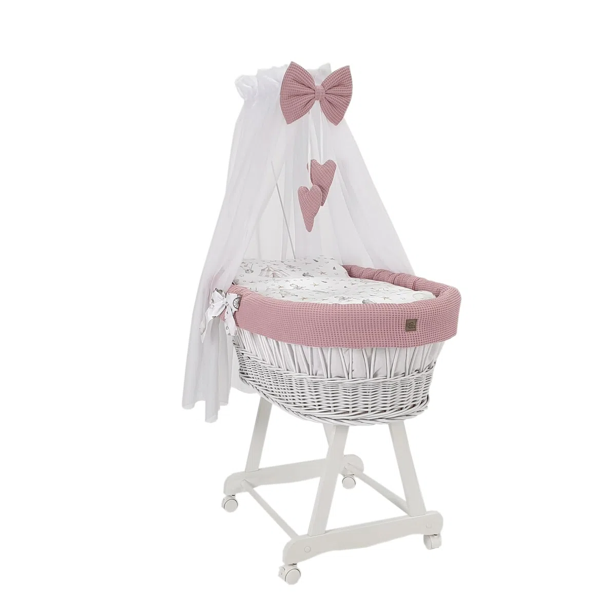 Stubenwagen Lena mit Baldachin – Babywiege mit Rollen, Matratze & Bettwäsche aus Waffelstoff mit Rosa - mit Zirkusmotiv, handgefertigt, weiß Moseskorb aus Weide