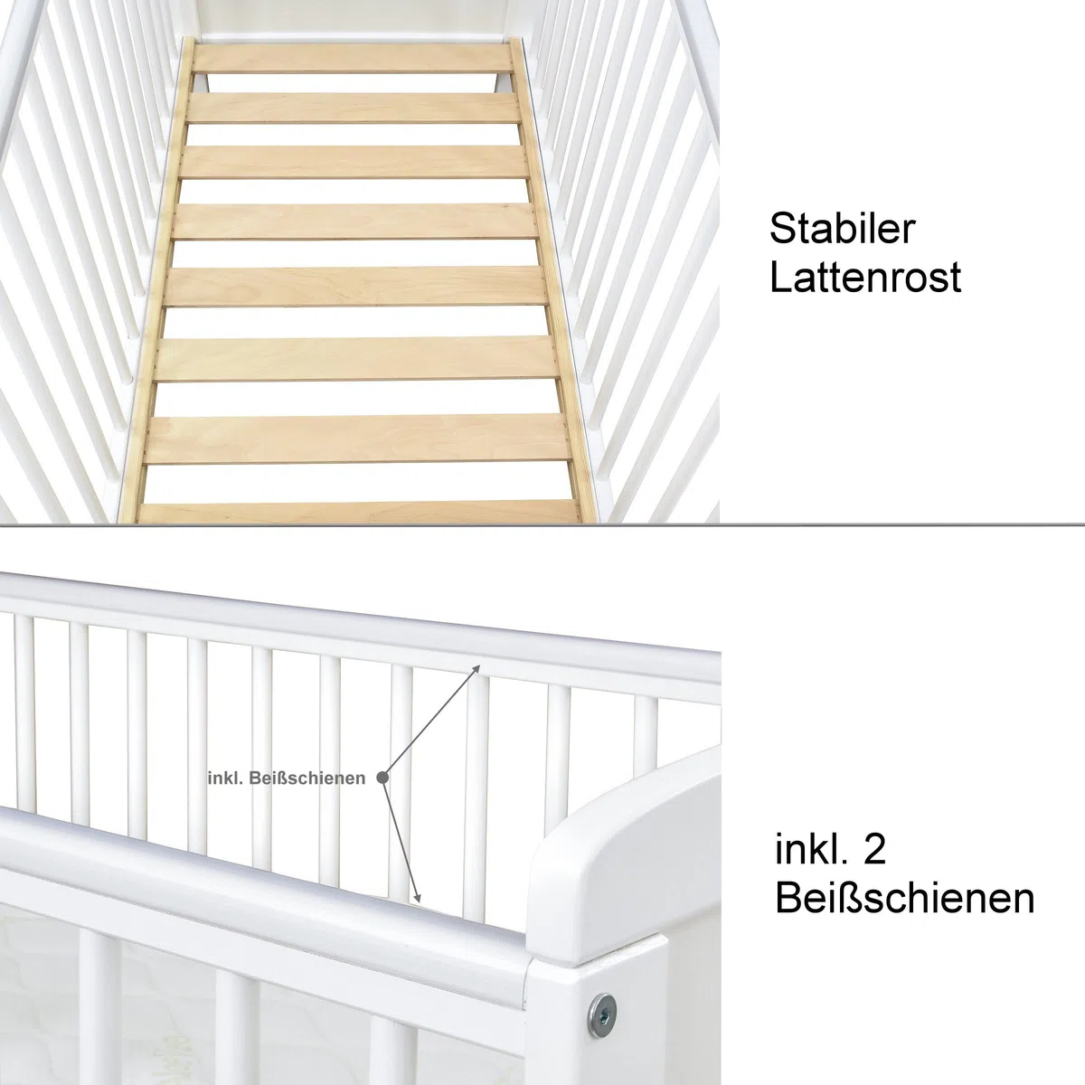 Babybett Kinderbett Juniorbett Jack 70x140 Weiß umbaubar mit Schublade Matratze und Beißschienen
