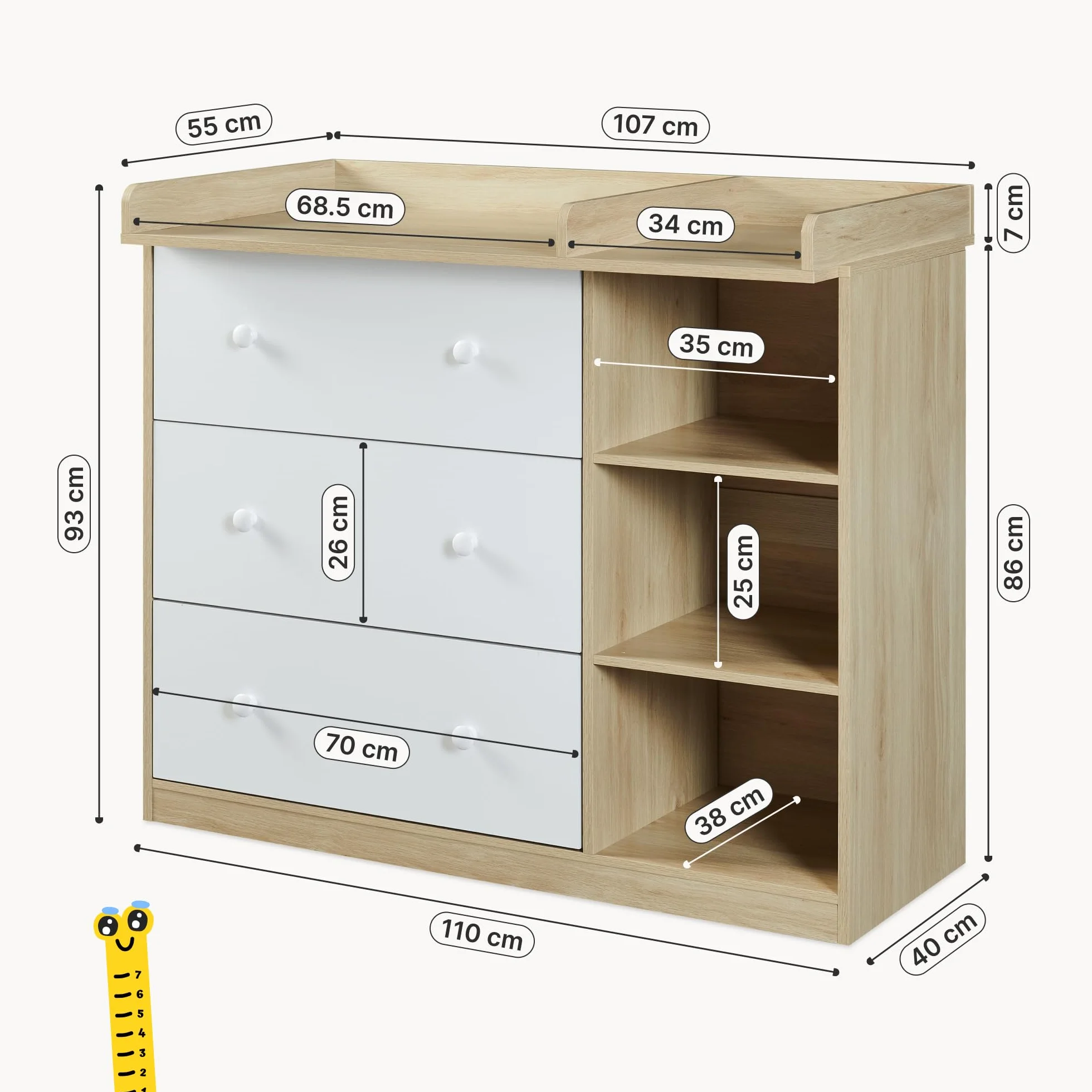 Wickelkommode Beldinupp Wickeltisch 3 Schubladen 3 Regalfächer 93 x 110 x 55 cm Eicheoptik Weiß