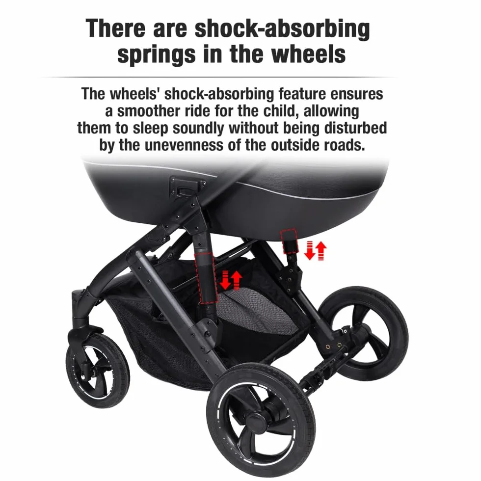 4 in 1 Kinderwagen Schwarz, Aluminiumrahmen, höhenverstellbarer Griff | Weiche Polsterung für erholsamen Schlaf. Stabiler Aluminiumrahmen und flexibler Schiebegriff