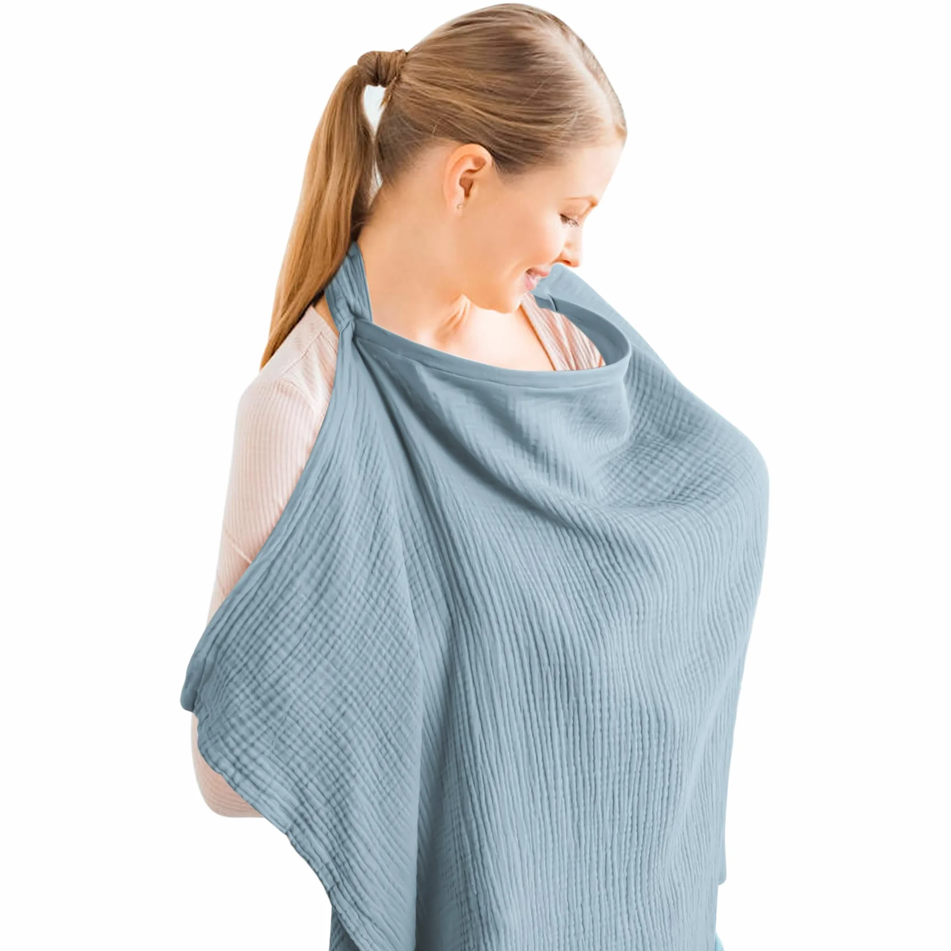 Konssy Musselin-Abdeckung zum Stillen von Babys, atmungsaktiv, 100% Baumwolle, Stillbezug mit starrem Reifen für Mutter, Stillschürze, Mehrzweck-Autositz-Baldachin (Blue)