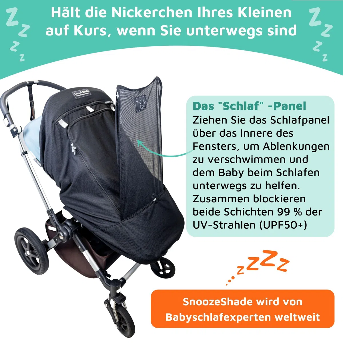 „SnoozeShade Plus Extra (6–9 Monate bis 3 Jahre) Universal-Passform für Baby- und Kleinkind-Buggys und Kinderwagen, Sonnenschutz und Einschlafhilfe für Kinderwagen | Blockiert sicher bis zu 99% der
