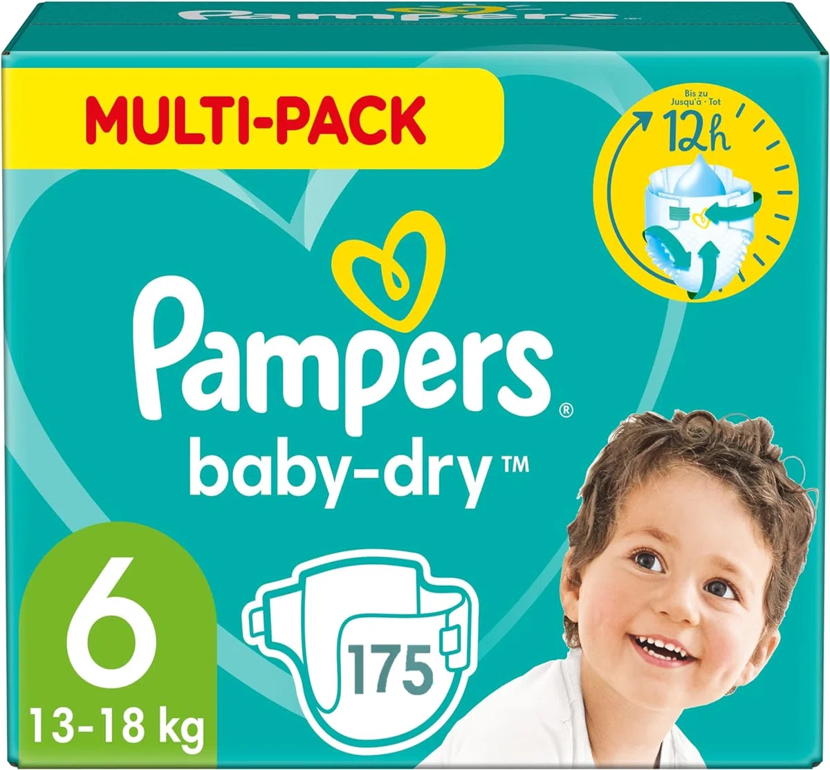 Pampers Windeln, Größe 6 (13 – 18 kg), Baby-Dry, 175 Windeln, Giga Pack 1 Monat, bis 12 Stunden, trocken und mit doppelter Rückseite, auslaufsicher