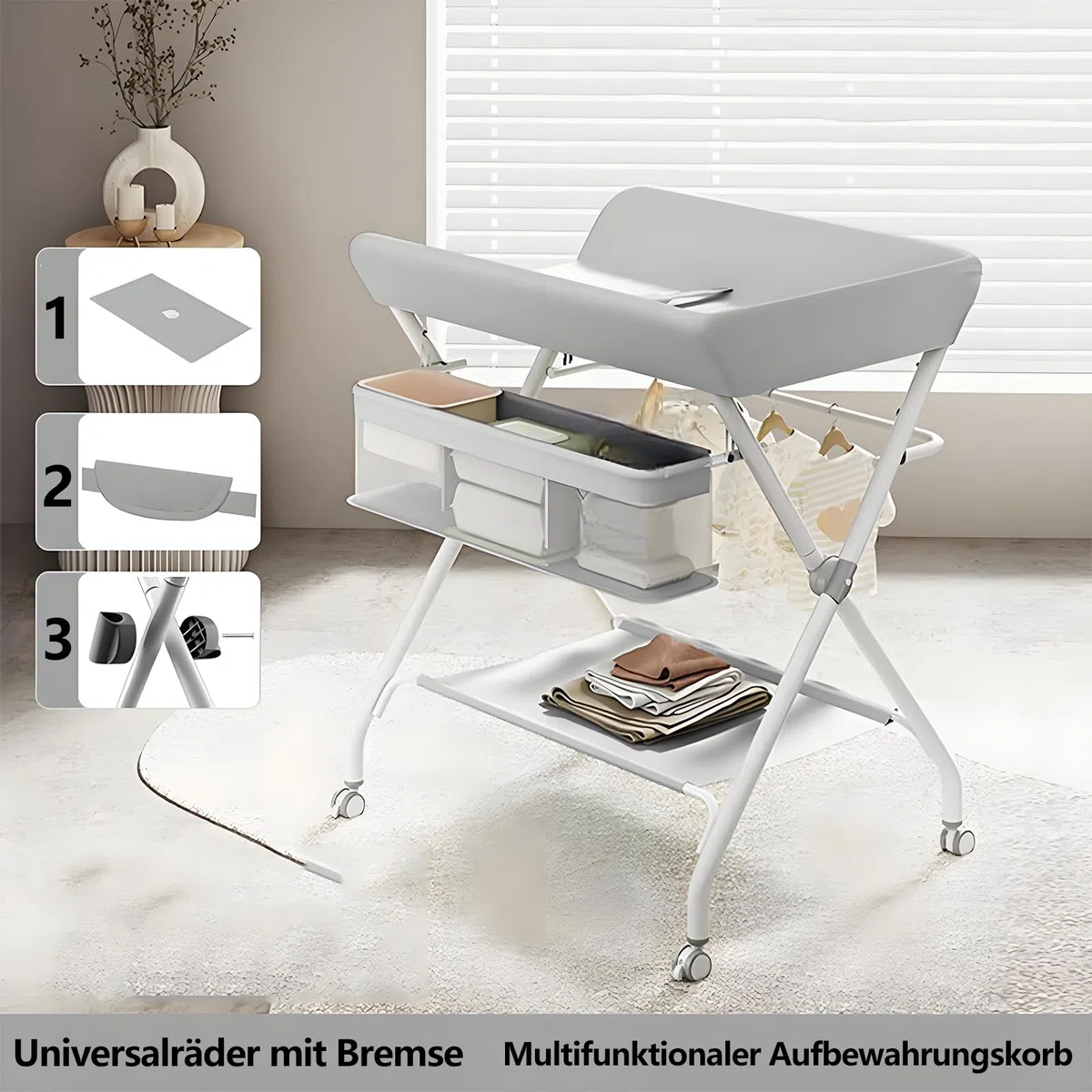 Wickeltisch Mobiler, Klappbarer Wickelkommode, Wickelstation Mit Aufbewahrungskorb, Wickeltisch für Windelwechsel, Wickelkommode für Neugeborene Und Kleinkinder, Max. Traglast 25 kg