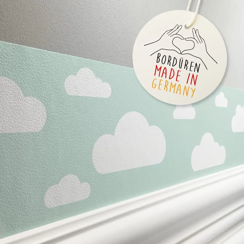 Bordüre selbstklebend WOLKE MINT GRÜN - Wandbordüre Kinderzimmer Babyzimmer mit Wolken - Wandtattoo Schlafzimmer Mädchen & Junge – Wanddeko Baby Kinder