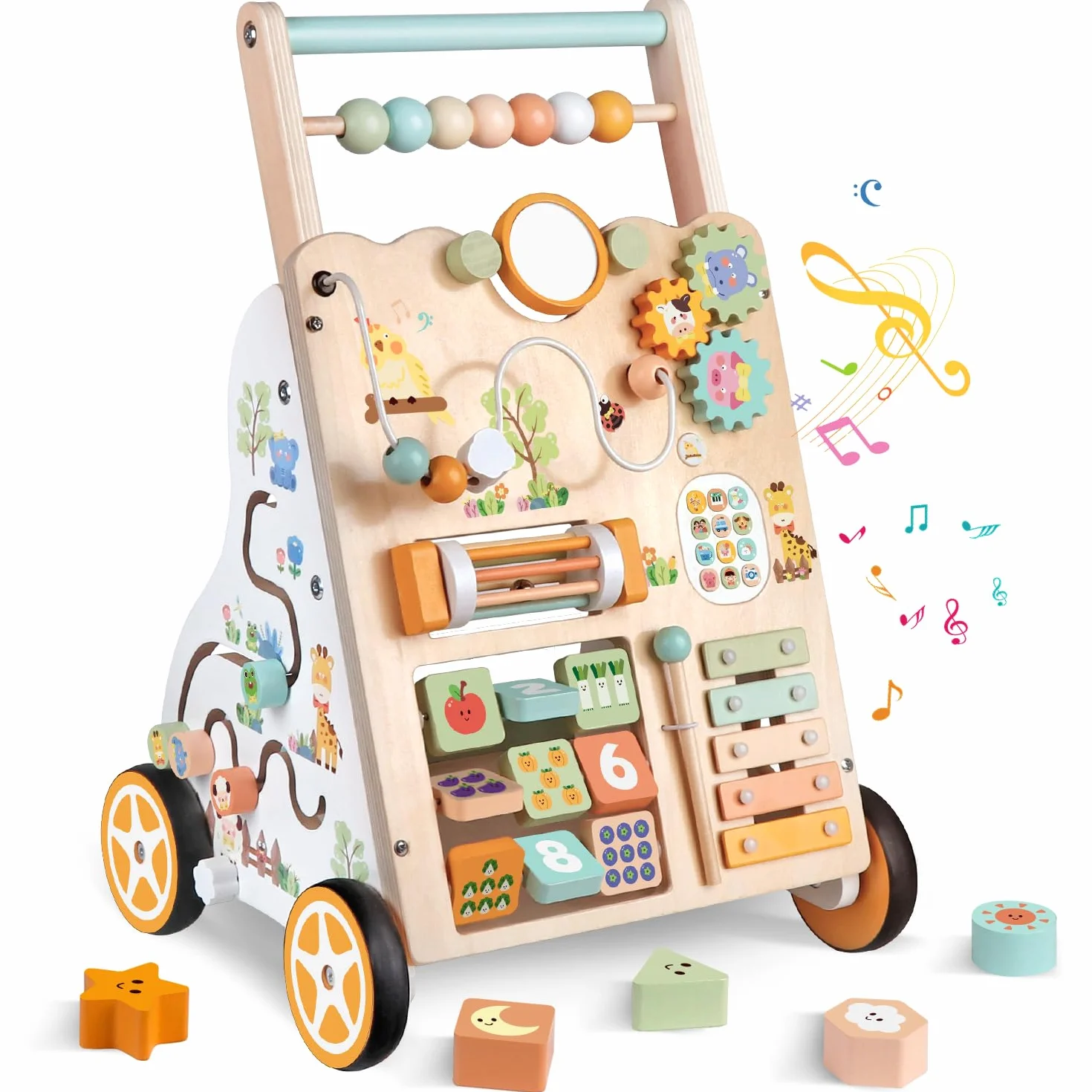 Weilim Baby Lauflernwagen Holz, Montessori Lauflernhilfe ab 12 Monaten | Sensorik-Spielzeug 10 Aktivitäten, Geschwindigkeit & Höhe verstellbar, Xylophon Labyrinth Perlen Spiegel, Jungen & Mädchen