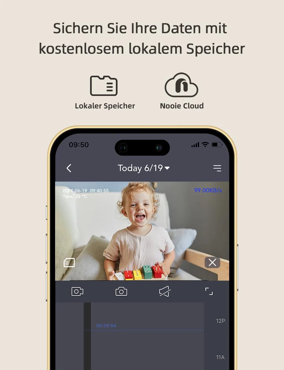nooie Babyphone mit Kamera und App,2K intelligentes Babyfon, Temperaturüberwachung,2.4/5GHz WLAN, Nachtsicht,Zwei-Wege-Audio, Weinen/Geräuscher-kennung, KI-Tracking, funktioniert mit Alexa
