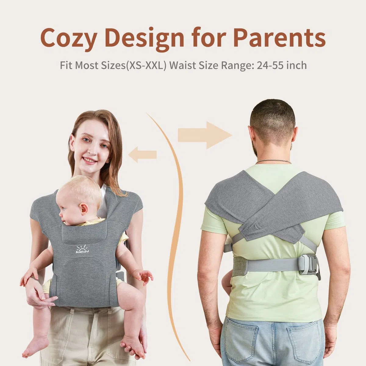 Babytrage für Neugeborene ab Geburt, MOMTORY Komfortabler Hüftsitz für Baby(3-12kg), Ergonomischer Tragetuch Neugeborenes bis Kleinkind mit Klettverschluss, Leicht Verstellbare Hüfttrage - Hellgrau