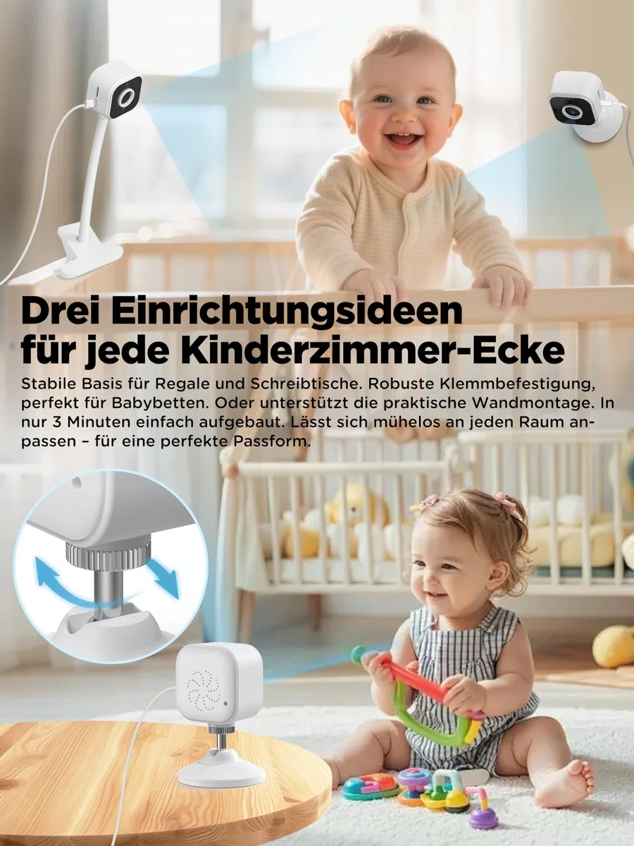 NUOTUN Babyphone mit Kamera Ohne WLAN, Tragbares Baby Kamera mit Halterung | Zwei-Wege-Audio, Sichere 2,4GHz, Nachtsicht, VOX-Modus, Temperatursensor, 4X Zoom, Timer, Schlaflieder