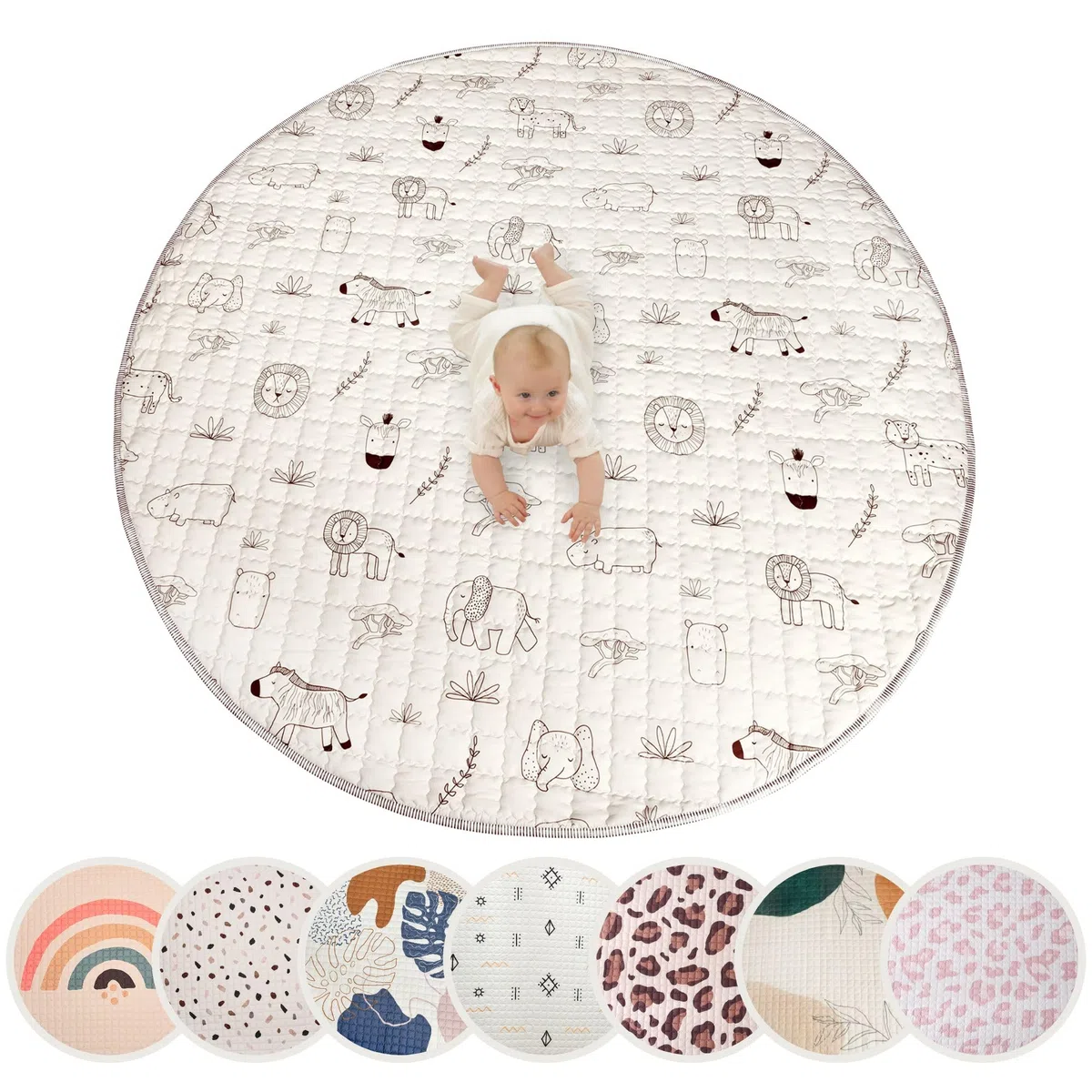 Gesteppte Krabbeldecke Baby 150cm, Safari Tiere– extra dicke 1,5cm weiche Baby Krabbelmatte – Baby Spielmatte mit rutschfester Unterseite zum Krabbeln, Laufgitter – maschinenwaschbare Baby Spieldecke