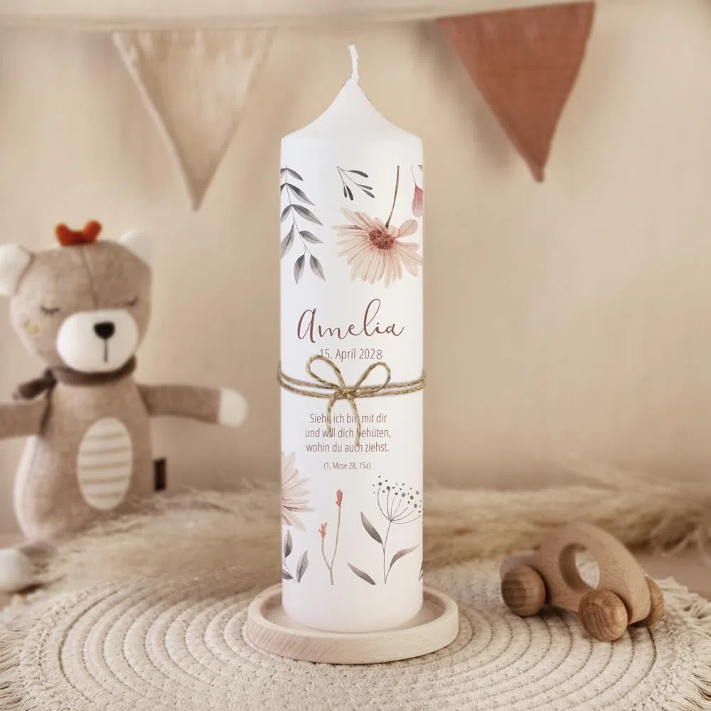 Taufkerze Mädchen Blumen modern personalisiert mit Namen & Taufspruch, online selbstgestalten, inkl. Jutebandverzierung