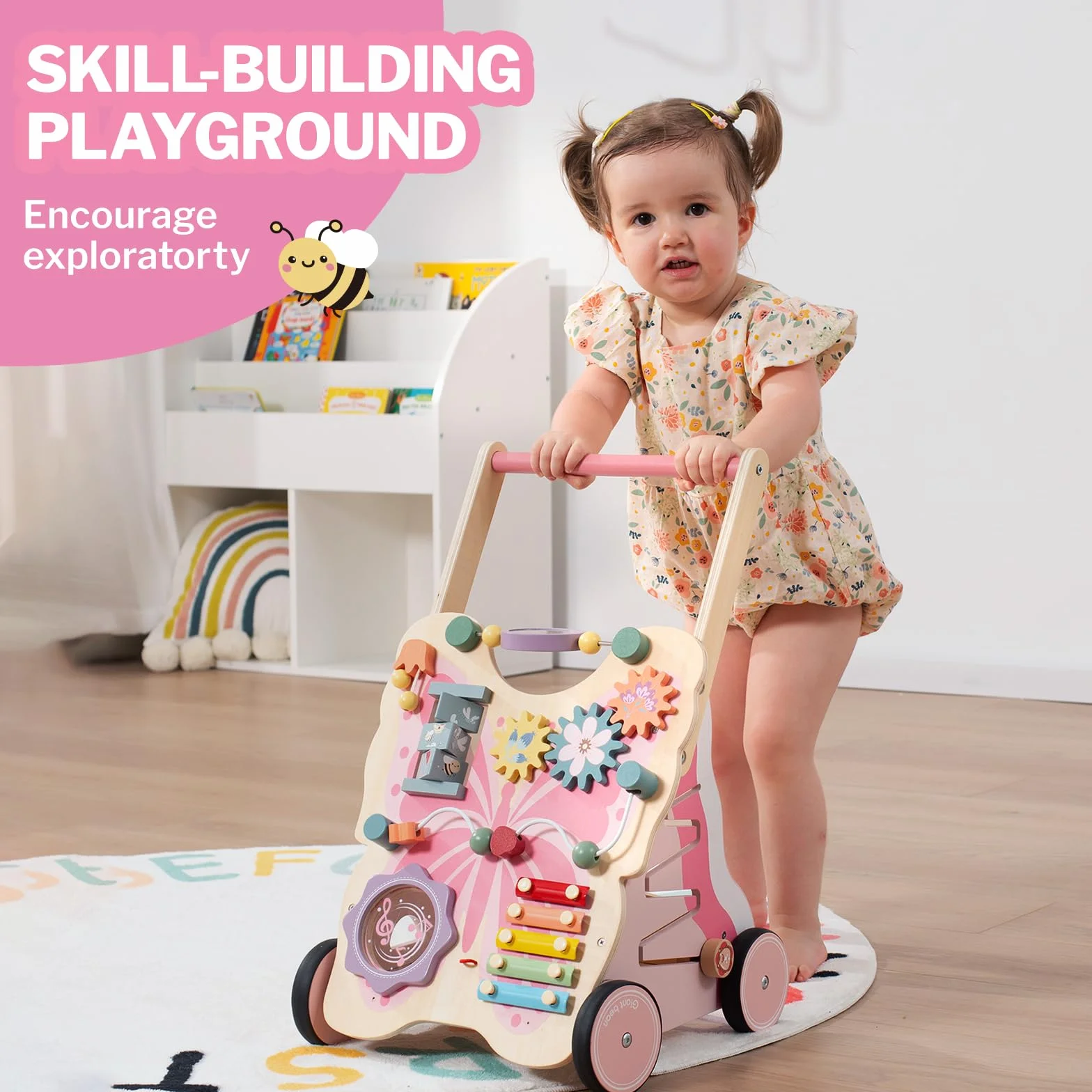 Giant bean Holz-Lauflernwagen Wooden Push and Pull Learning Walker | Schmetterlingsform Baby Lauflernhilfe,ab 1 Jahr, Motorische Fähigkeiten und REGT Die Kreativität an