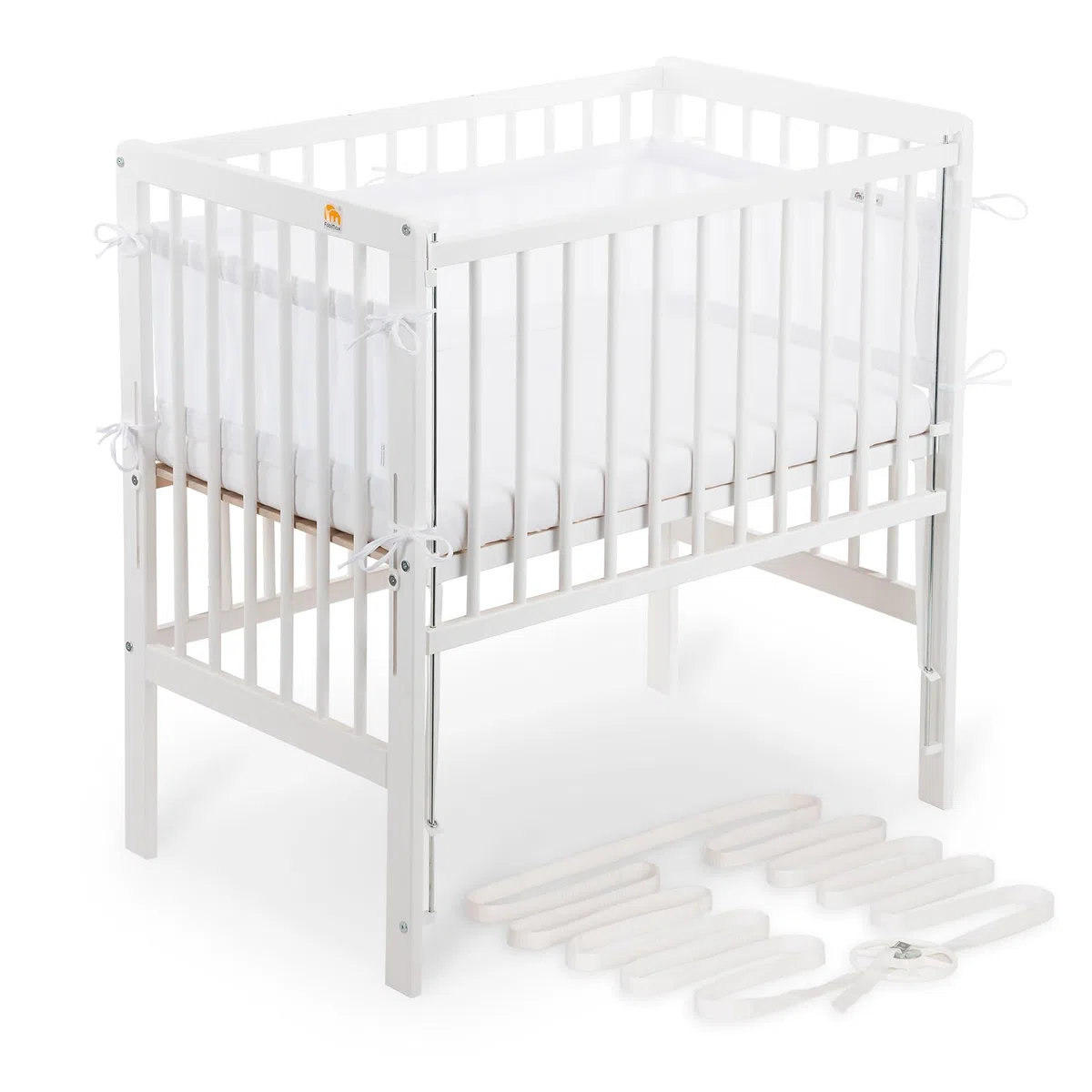 FabiMax Boxspring Baby Beistellbett Flex 90x55, TÜV geprüft, aus Buchenholz weiß lackiert, mit innovativem verstellbarem Seitengitter, passend für Boxspringbetten (Matratze Comfort, Weiß)