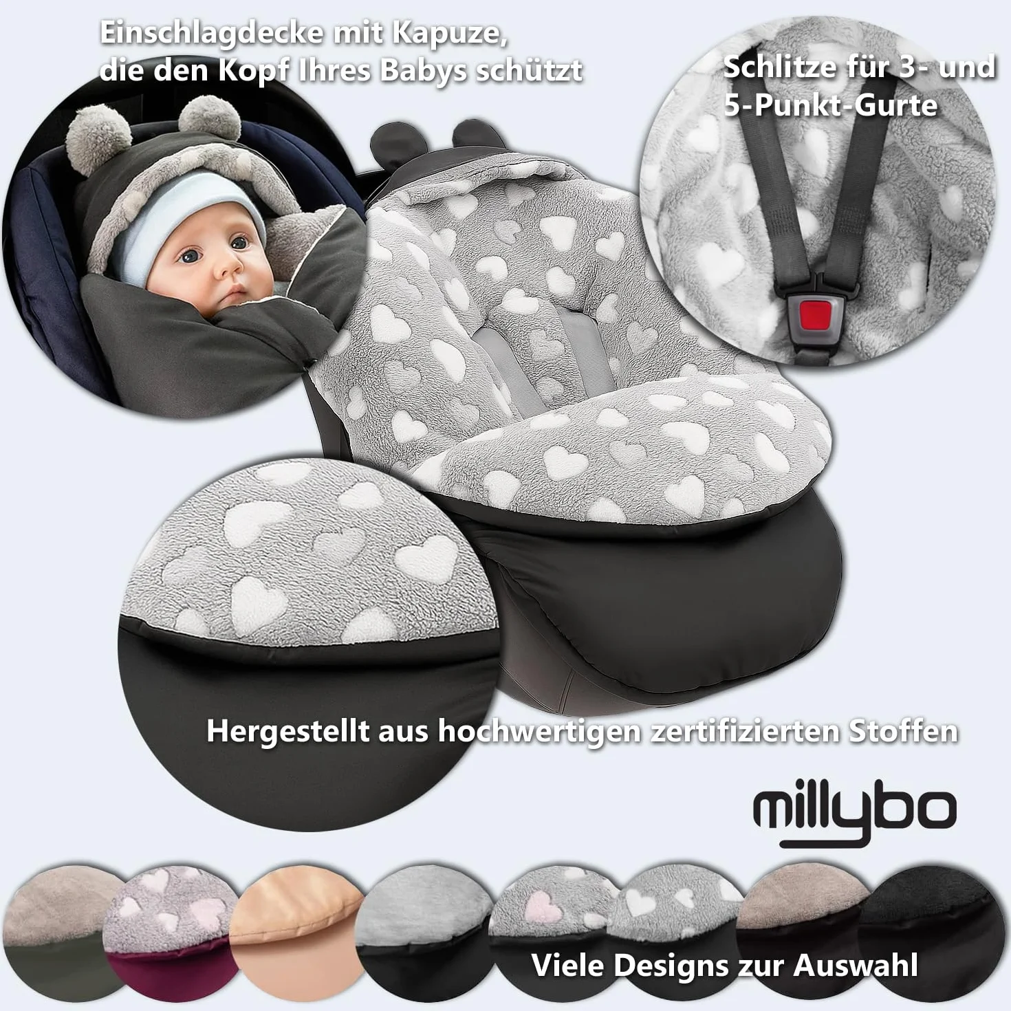 Einschlagdecke für Babyschale – Warmer Fußsack für Baby, Kuschelige Babydecke für Kinderwagen, Kindersitz & Babybett, Ideal für Herbst & Winter, Made in EU (605.020 Grau/Herz rosa)