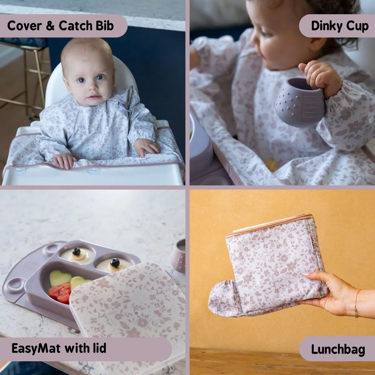 Tidy Tot EasyMat-Teller, Tasse Dinky Cup und Lätzchen Cover & Catch Bib mit Lunchbag – Gartenblume Rosa