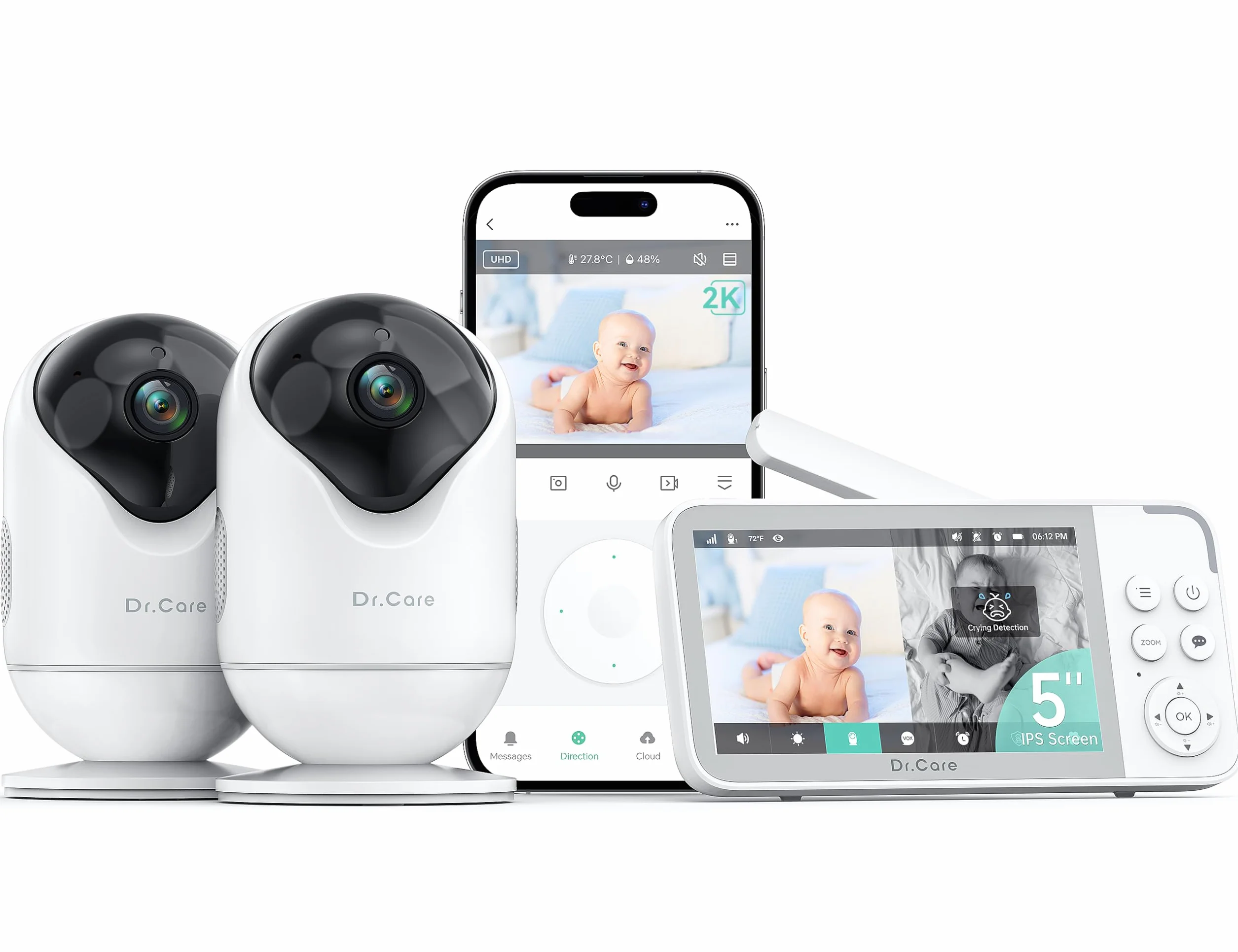 Dr.Care VistaView Smart WLAN Babyphone, 5” 1080P HD, 2K Kamera, App-Steuerung, Bewegungs- & Weinen-Alarm, Nachtsicht (babyphone mit 2 Kamera)