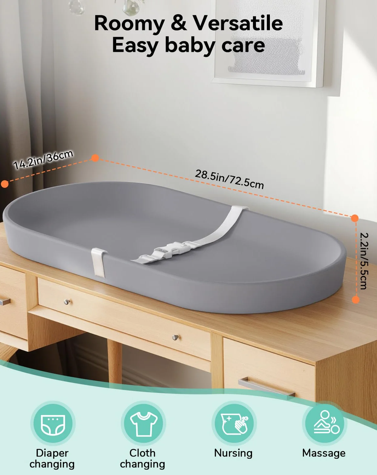 COMOMY Baby Wickelauflage Abwaschbar und Wasserdicht, Wickelunterlage auf PU-Material, Leicht und Weich Wickelmatte mit Sicherheitsgurt, 72,5x36 cm, für Kommode & Wickeltisch