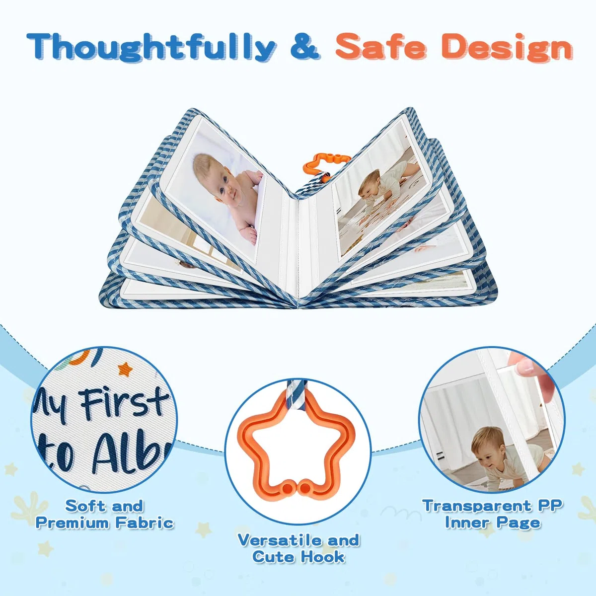 Baby's First Family Album – weiches Stoff-Fotobuch Geschenk-Set mit babysicherem Spiegel, 14 x 17 cm, für 17 Fotos, Stoff-Erinnerungsbuch für Neugeborene, Kleinkinder, Babypartys