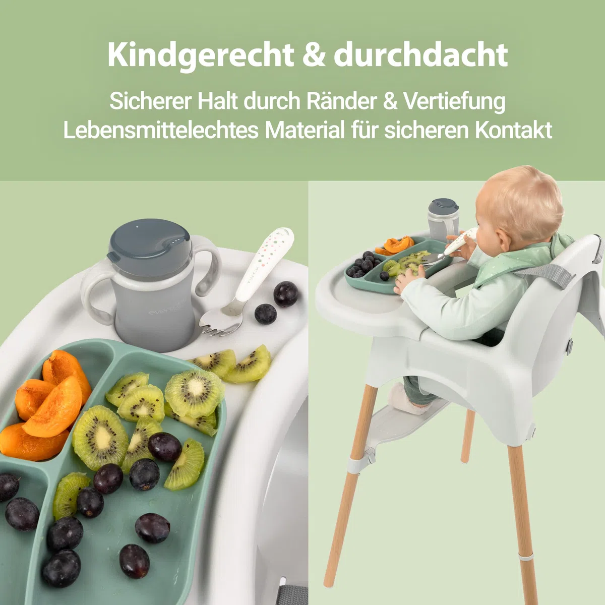 Zamboo Hochstuhl Baby ab 6 Monate | leichter Kinderhochstuhl (3,5 kg) mit edler Holzoptik, großem abnehmbarem Tablett und 5-Punktgurt | EN 14988:2017 geprüft, kippsicher, bis 15 kg - Grau