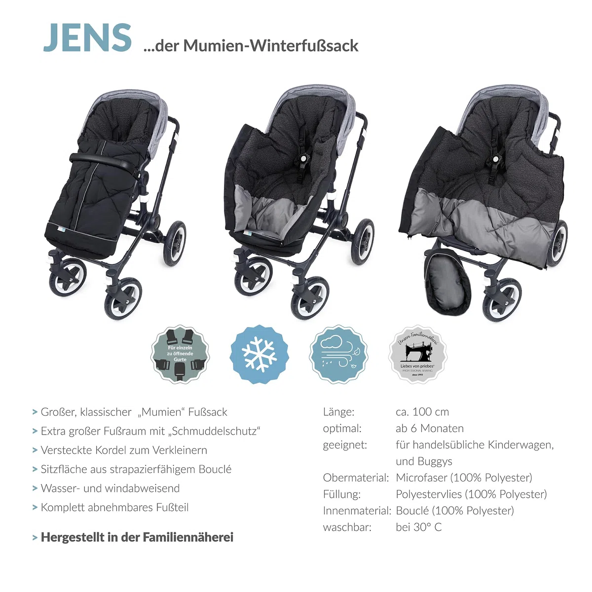 JENS Winter-Fußsack, 100cm | Universal für Kinderwagen & Buggy, Fußteil komplett abnehmbar, Mumienform, atmungsaktiv