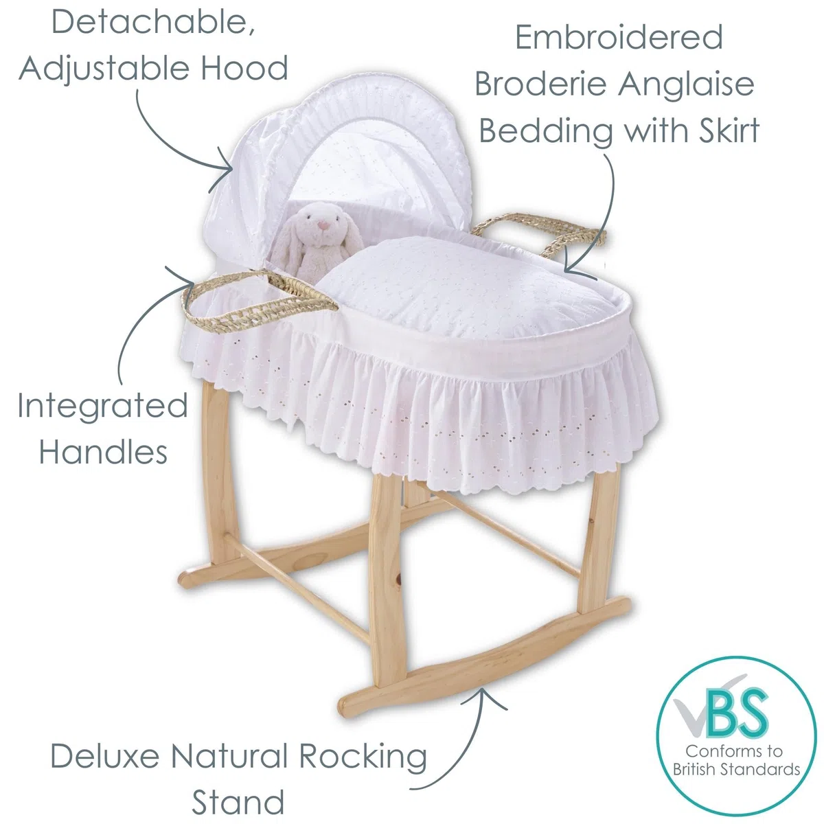 Clair de Lune Babykorb mit Broderie Anglaise Palme, mit Deluxe-Schaukelständer, Babywiege 75 x 28 cm