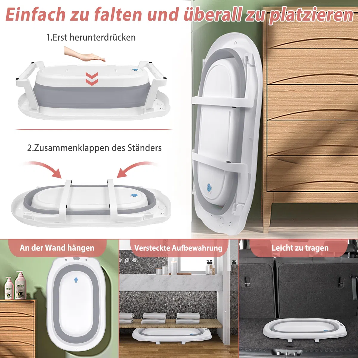 Faltbare Baby Badewanne, klappbare Babybadewanne, Rutschfeste Tragbare Reisedusche Badebecken mit rutschfester und Ergonomischem Kissen für Neugeborene bis Kleinkinder, Anthrazit
