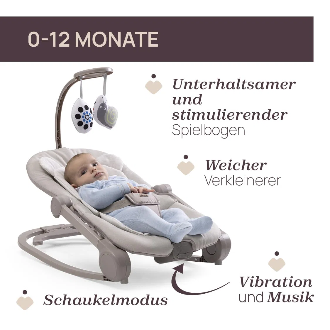 Chicco Wippe Mia 2-in-1, Babywippe und Hochstuhl, Einlage aus Bio-Baumwolle, Wendbare Spielleiste, Musik und Vibration, Schaukel- oder feste Modus, Ab 0 Monaten
