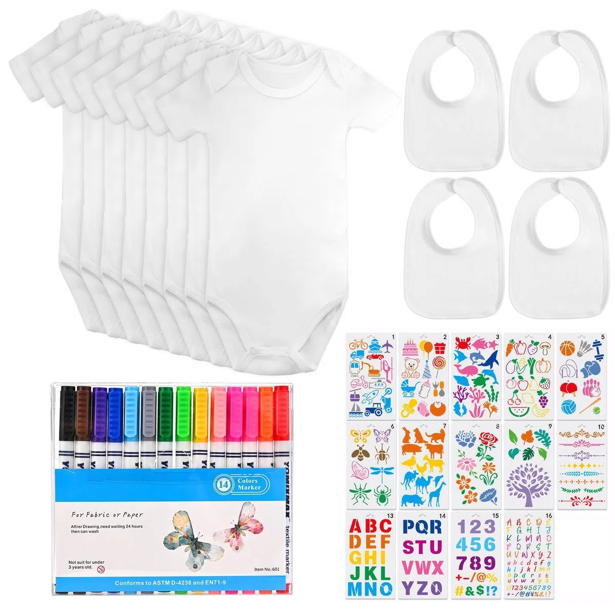 Baby Lätzchen zum Bemalen Set 12 Stück – 8 Baumwoll Bodys Kurzarm & 4 Doppellagige Lätzchen, 14 Textilstifte & Vorlagen für Babyparty Spiele