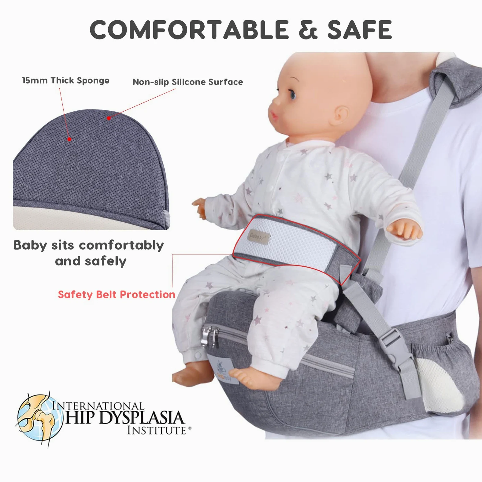SONARIN Multifunktionale Baby Hüftsitz,Ergonomischer Taille Hocker Babytrage Hipseat Hüfttrage Bauchtragen mit Sicherheitsgurt & Schultergurt für Baby Kleinkinder 0-24 Monaten(Grau)