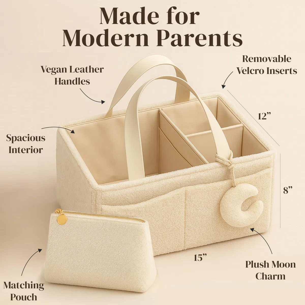 Orelle Bouclé Wickeltisch-Organizer mit passender Tasche und Mondanhänger, tragbarer Wickeltisch-Organizer, Must-Have für Babypartys, cremefarben
