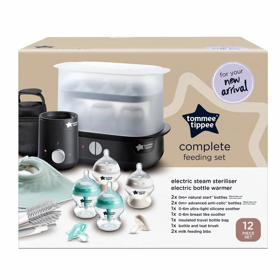 Tommee Tippee Komplettes Fütterungsset, elektrischer Dampfsterilisator mit isolierter Flaschentasche, Babyflaschen für Neugeborene und Easiwarm Flaschenwärmer, Schwarz