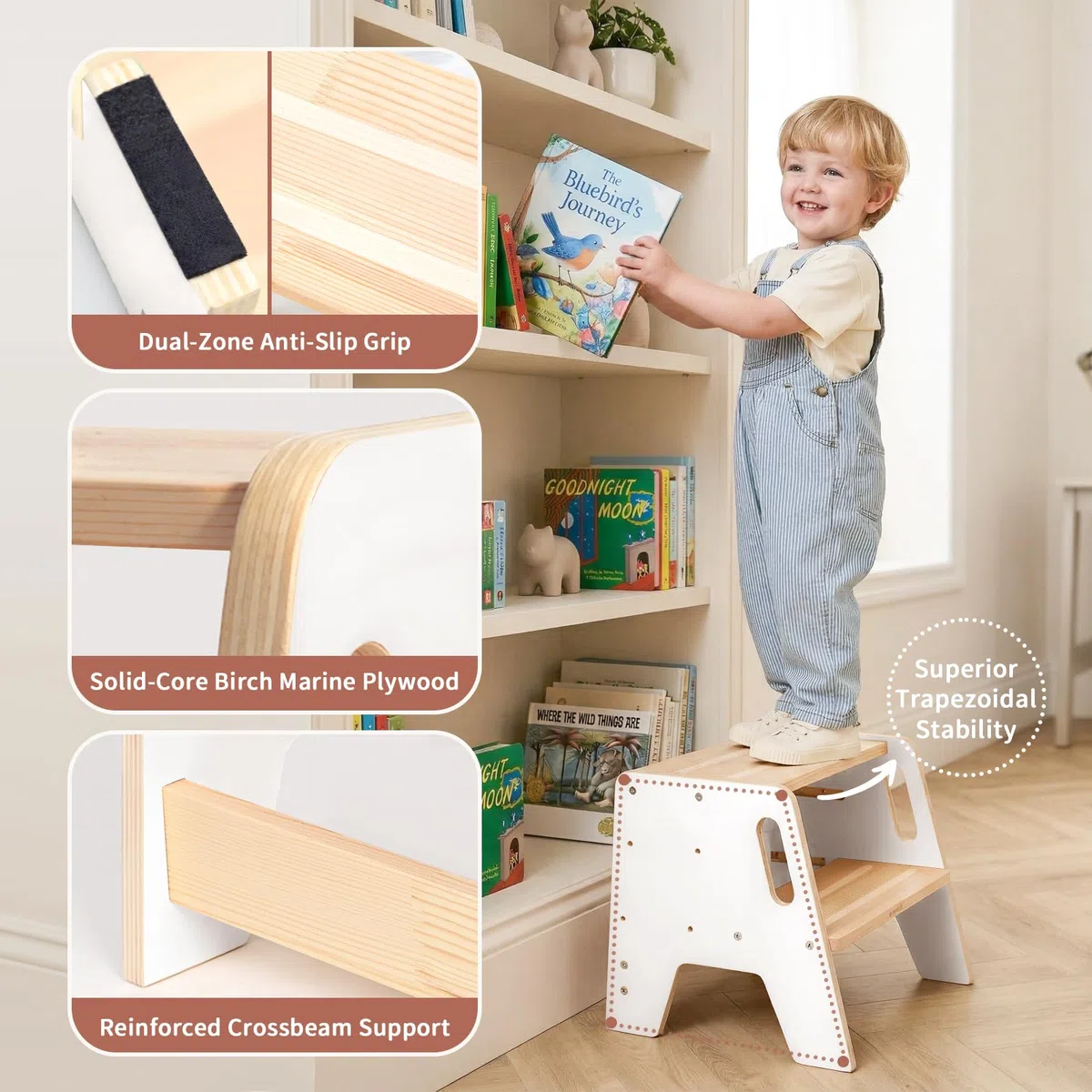 WINGYZ Tritthocker Kinder 2 Stufen aus Holz Zweistufiger Hocker mit 3 verstellbaren Höhen, 2 Griffen & Anti-Rutsch Pads, tragbar Kinderhocker für Badezimmer, Küche & Waschbecken ab 2 Jahren(Weiß)