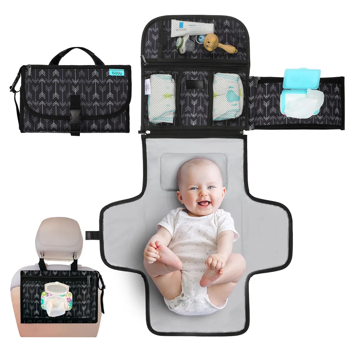 Kopi Baby Tragbare Wickelunterlage – Baby-Wickeltasche mit Feuchttüchertasche, intelligentes Design, tragbare Wickelunterlage, Baby-Reisestation, Geschenk für neugeborene Mädchen und Jungen, schwarze