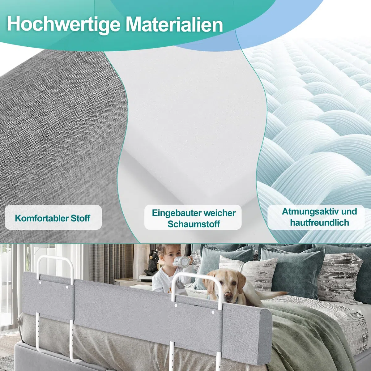2xBettgitter für Kinder 150cm, Bettschutzgitter 5-Loch Höhenverstellbar, Rausfallschutz Bett, Kinderbettgitter, klappbar Bettgitter, Einfach zu Montieren(Grau)