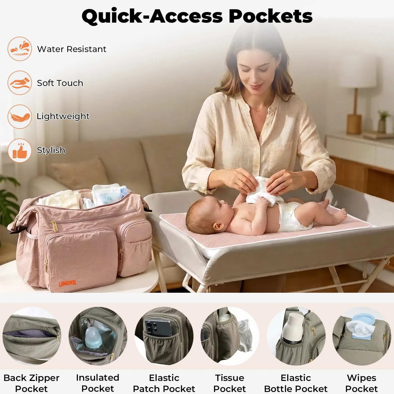 Puffy Wickeltasche 2-in-1 Kinderwagen Organizer & Umhängetasche, 13L leichte Reisetasche Baby Damen, multifunktionale Buggy Tasche als Wickelrucksack-Alternative, Eukalyptusgrau