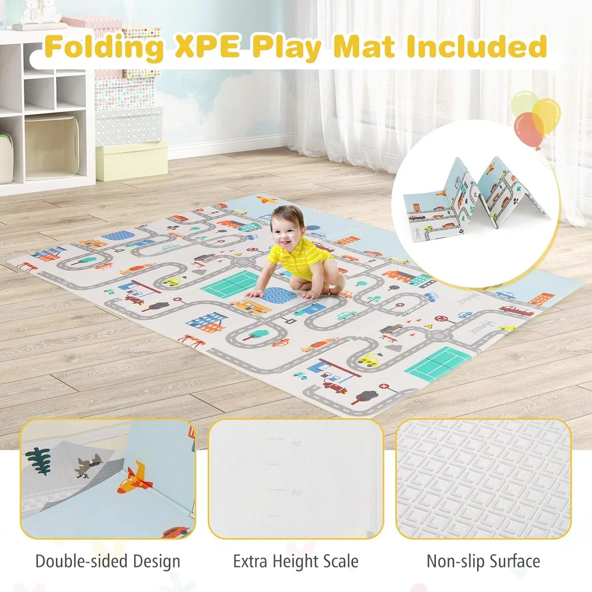 FANTASK Laufstall Baby faltbar mit Matratze 189 x 158 cm, Laufgitter mit 50 Spielbällen & 4 Griffe (Hellgrau)